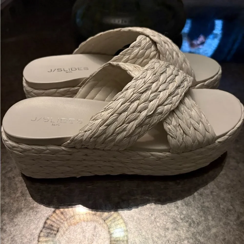 J/Slides QUIVER Bone Raffia Platform Sandals New